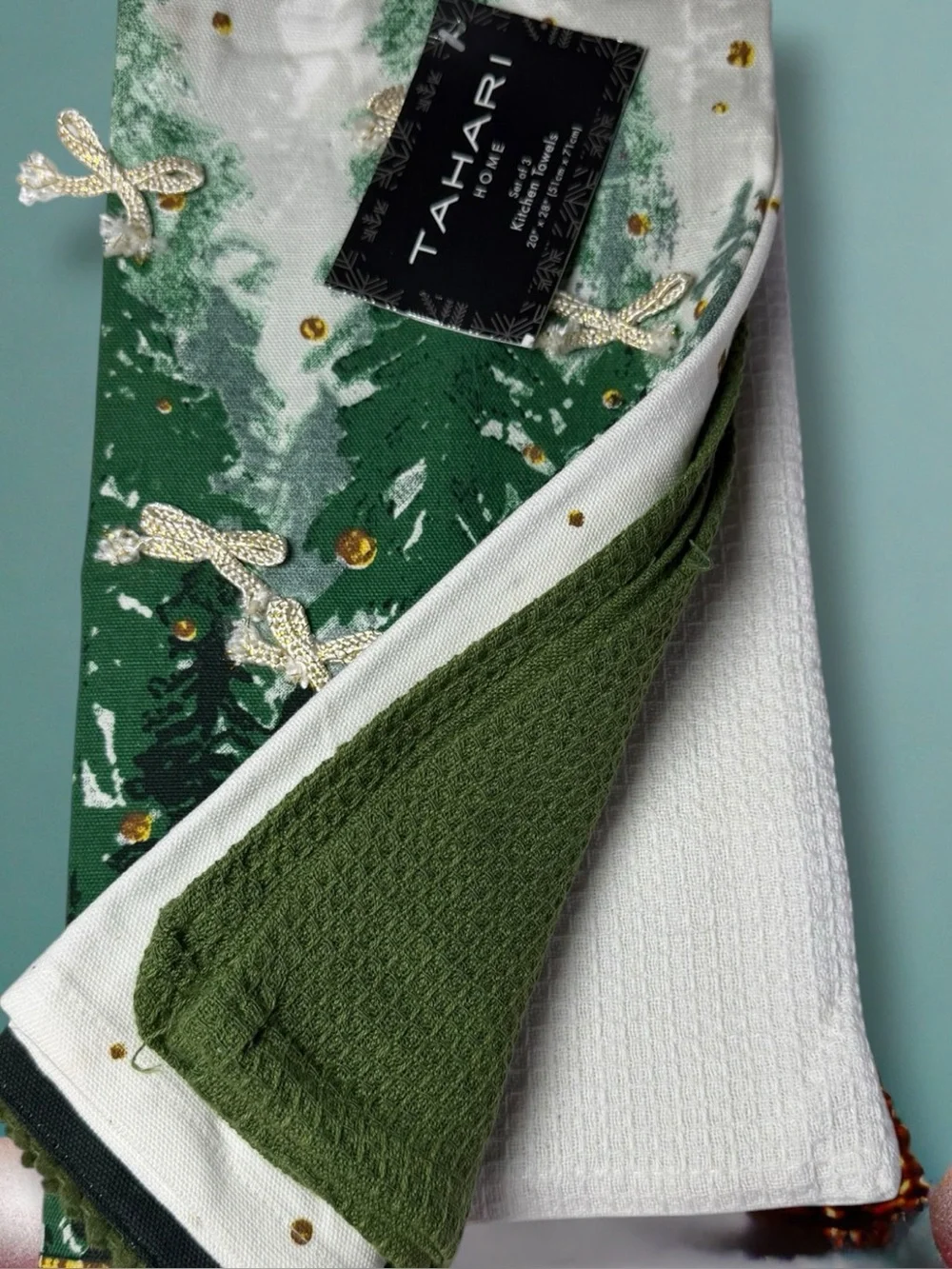Tahari Green and Gold Holiday Kitchen Towel Set of 3